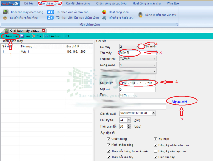 Khai báo máy chấm công trên phần mềm Wise Eye On39