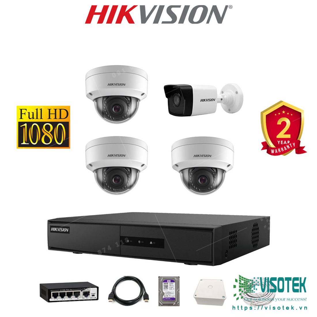 Trọn bộ 4 camera IP Hikvision 2MP Full HD