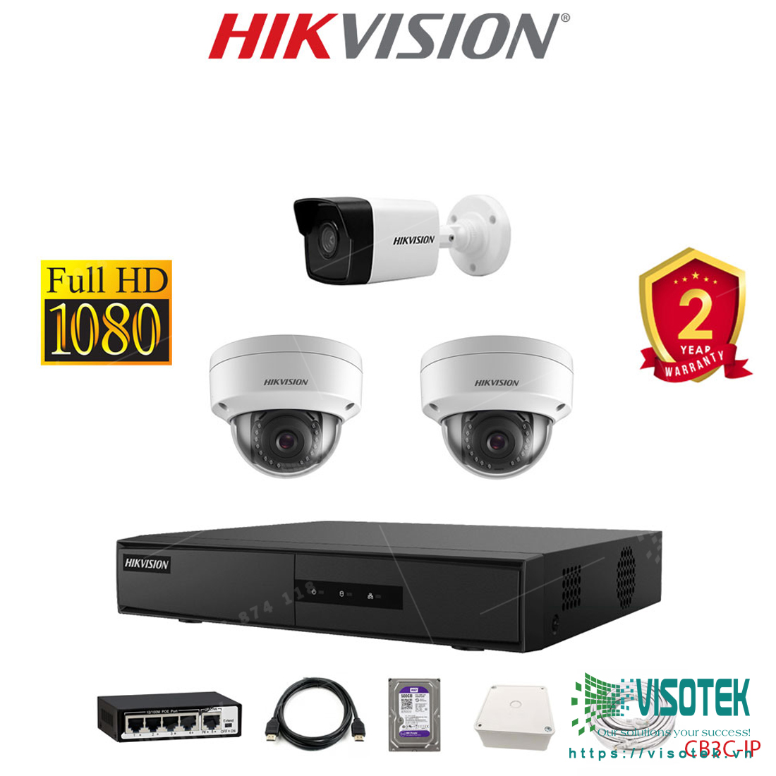 Trọn bộ 3 camera IP Hikvision 2MP Full HD