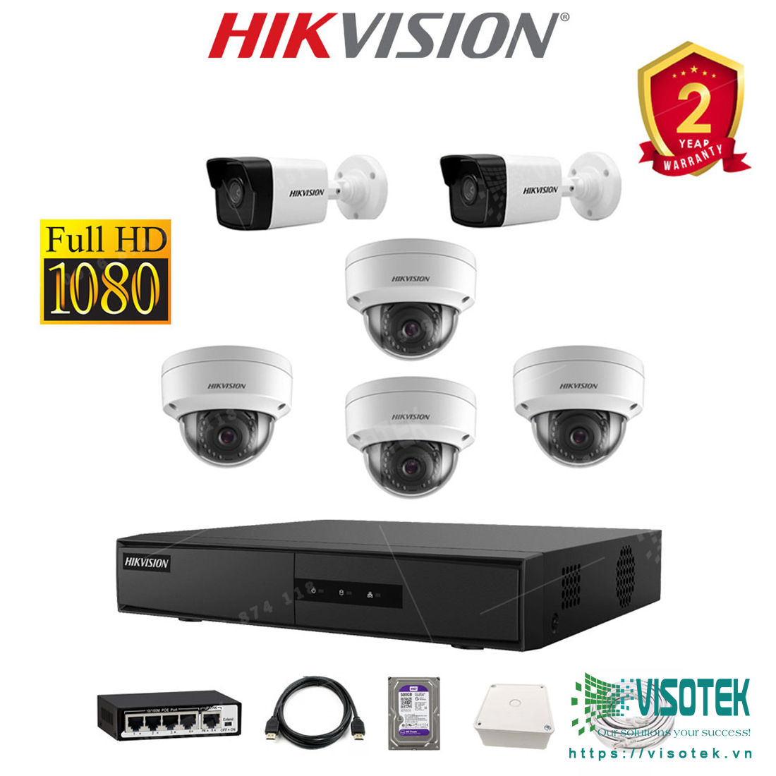 Trọn bộ 6 camera IP Hikvision 2MP Full HD
