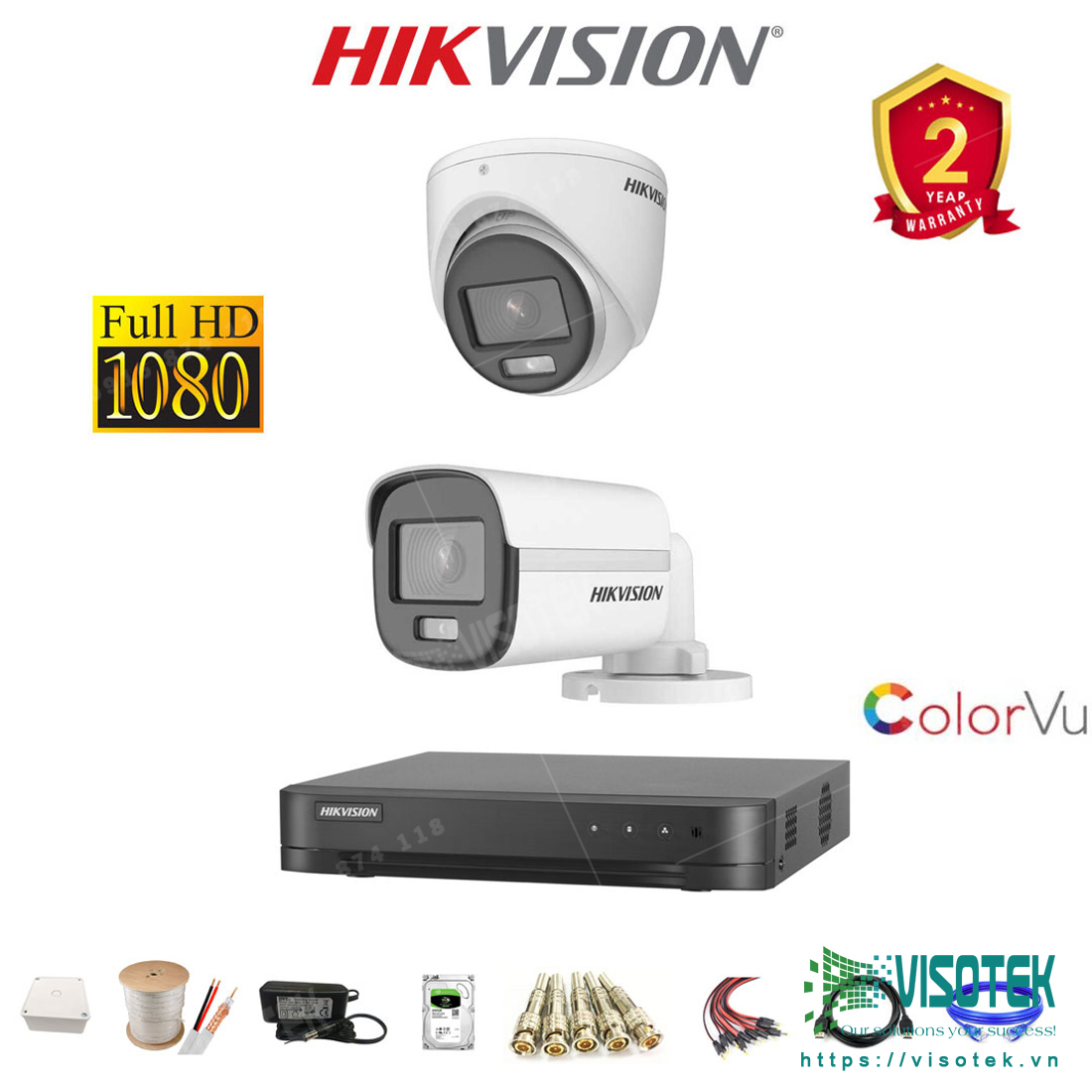 Trọn bộ 2 camera Hikvision HD TVI 1080p có màu giá rẻ